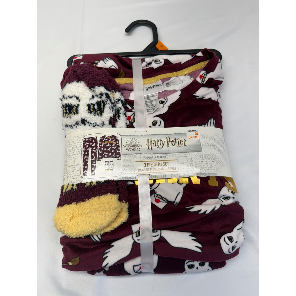 Harry Potter Hedwig 3 Piece Pajama Set Womens Medium Burgundy Fleece PJs & Socks